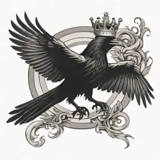 A flying raven wearing a crown with a quill in their claws in front of a yin yang tattoo design idea