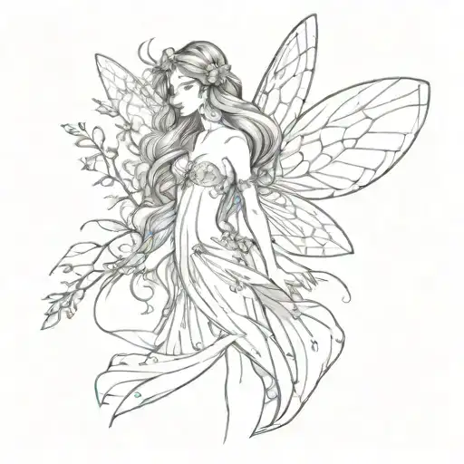 A tattoo of a fairy with dragonfly wings and a human-like shape. She has long hair and a translucent, flowy dress. tattoo design idea