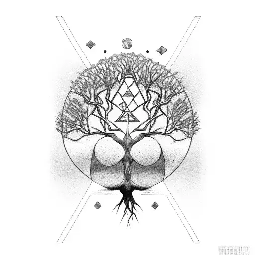 Tree with the roots in an upside down triangle Earth sign symbol tattoo design idea