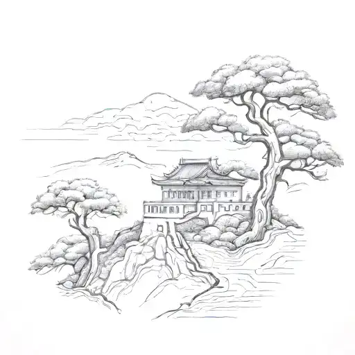 Asian style tree and Great Wall of china silhouette   tattoo design idea