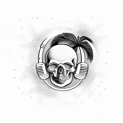 skull, palm tree, music signs, cruise ship tattoo design idea