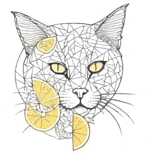 An abstract art piece combining design motifs with cat silhouettes and lemon slices, in a black-grey style tattoo design idea