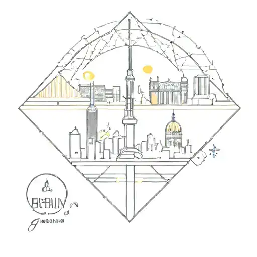 A geometric Berlin skyline tattoo with hidden NCT symbols and lemon accents tattoo design idea