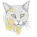 An abstract art piece combining design motifs with cat silhouettes and lemon slices, in a black-grey style tattoo design idea