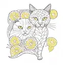 An abstract art piece combining design motifs with cat silhouettes and lemon slices, in a black-grey style tattoo design idea
