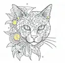 An abstract art piece combining design motifs with cat silhouettes and lemon slices, in a black-grey style tattoo design idea