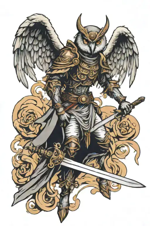 angel with owl mask spreading wings holding sword down   tattoo design idea