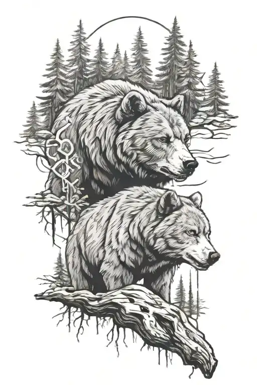 Bear, wolf, runes, forest, science, strenght and defence tattoo design idea