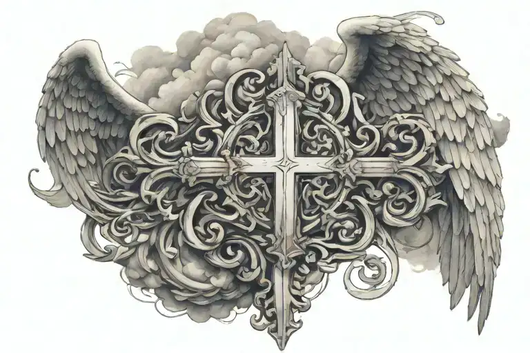 ANGELIC FONT WRITTEN GODS INFINITE GRACE and on the side d and cloud and up is a cross  and make it unique as a chest t  tattoo design idea