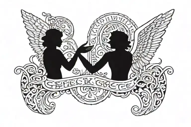  two angels touching fingers and a Text in greek written Gods infinite grace add a text  Eternal ruler tattoo design idea