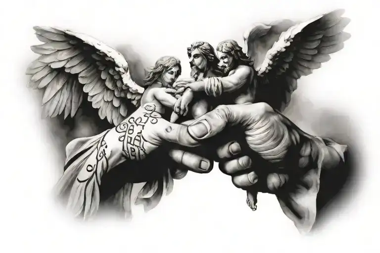  two angels touching fingers and a Text in greek written Gods infinite grace tattoo design idea