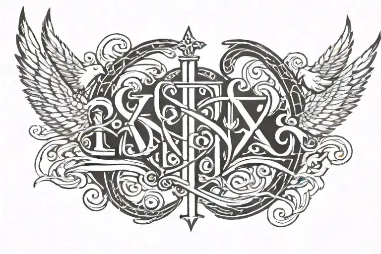 ANGELIC FONT WRITTEN GODS INFINITE GRACE and doves , cross and clouds to cover the font and make it unique tattoo design idea