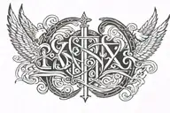 ANGELIC FONT WRITTEN GODS INFINITE GRACE and doves , cross and clouds to cover the font and make it unique tattoo design idea