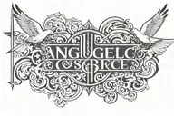 ANGELIC FONT WRITTEN GODS INFINITE GRACE and doves , cross and clouds to cover the font and make it unique tattoo design idea