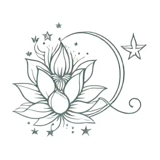 Lotus, girl, snake, moon, stars, lines, phoenix, zodiac sign Gemini » tattoo design idea