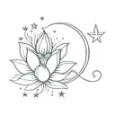 Lotus, girl, snake, moon, stars, lines, phoenix, zodiac sign Gemini » tattoo design idea