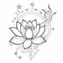 Lotus, girl, snake, moon, stars, lines, phoenix, zodiac sign Gemini » tattoo design idea