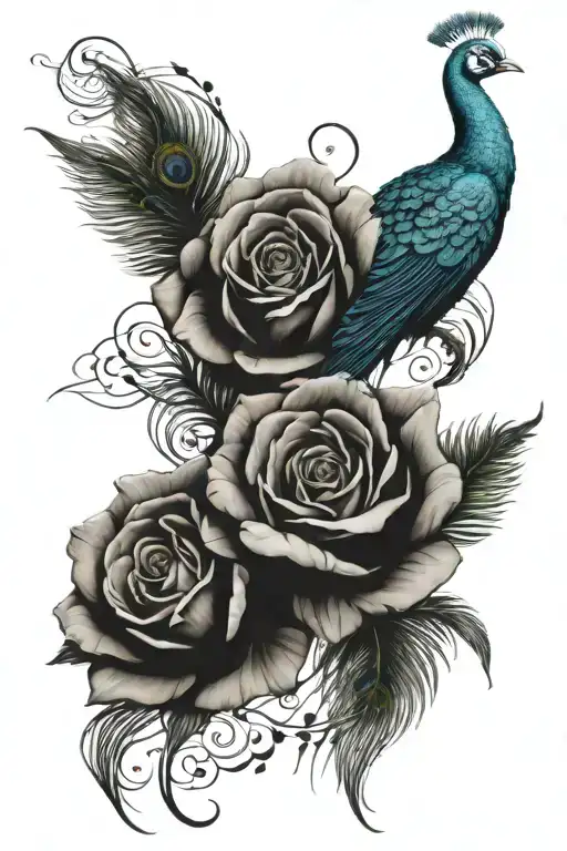 thick thorny roses intertwined with peacock feathers tattoo design idea