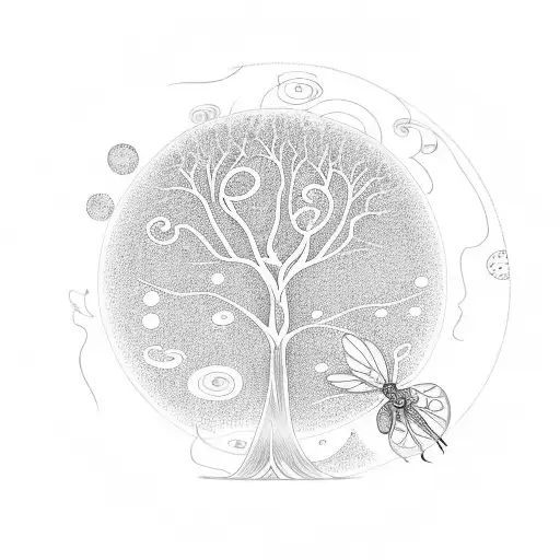 tree of life with abstract space and a dragonfly with a semicolon incorporated tattoo design idea