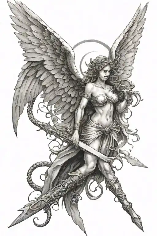 angel on a bloody dagger surronded by a snake and a phoinex standing on the dagger symbolizes love and death at the same tattoo design idea