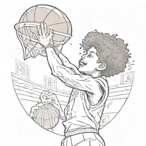 kid with jersey number 24 with Afro shooting basketball into rim back point of view tattoo design idea