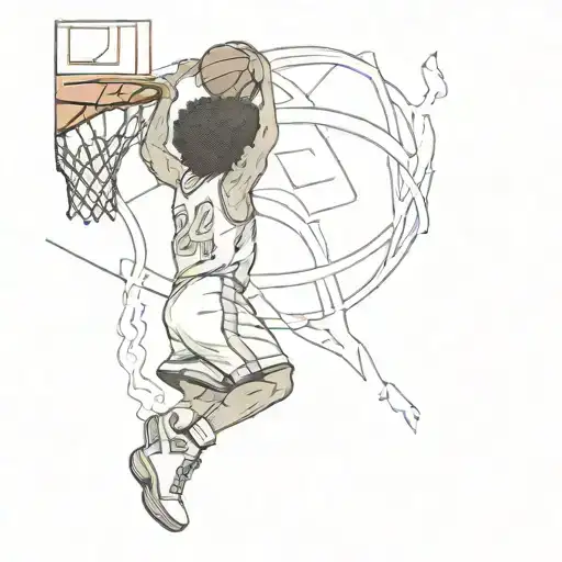 kid with jersey number 24 with Afro shooting Jumpshot basketball into rim back point of view tattoo design idea