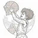 kid with jersey number 24 with Afro shooting basketball into rim back point of view tattoo design idea