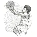 kid with jersey number 24 with Afro shooting basketball into rim back point of view tattoo design idea