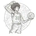 kid with jersey number 24 with Afro shooting basketball into rim back point of view tattoo design idea