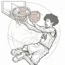 kid with jersey number 24 with Afro shooting basketball into rim back point of view tattoo design idea