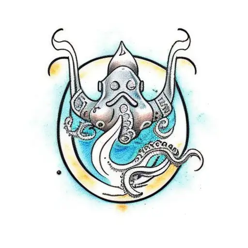 A traditional-style tattoo featuring a scuba diver exploring a hidden underwater cave with an octopus guardian tattoo design idea