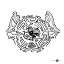 An artistic tattoo combining elements of Mexican history and culture, such as ancient ruins and traditional music instruments tattoo design idea