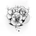 fechamento de perna, várias flores com caula como flores num vaso, lirios, hibiscos e flor de laranjeira e alguns ramos tattoo design idea