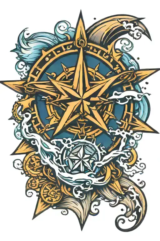 nautical star compas neptun waves tattoo design idea