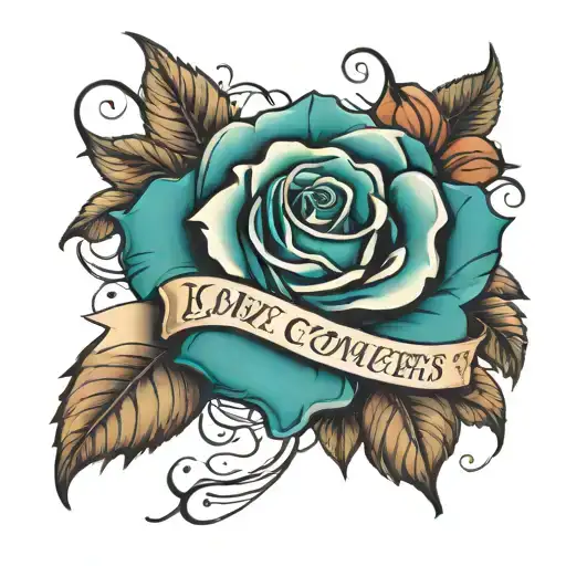 roses with label of love conquers all in french tattoo design idea