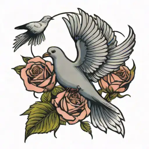 roses with a dove flying in the sky with a rose in the mouth  tattoo design idea