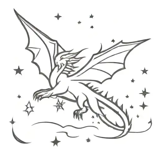 A fierce dragon with wings outstretched, flying through a sky filled with stars tattoo design idea