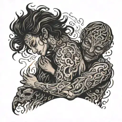 Person made of fire hugging another person holding tattoo design idea