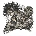 Person made of fire hugging another person holding tattoo design idea
