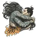Person made of fire hugging another person holding tattoo design idea