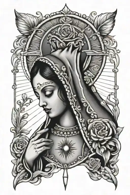 rosary, sacred heart and virgin of guadalupe tattoo design idea