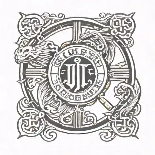 An emblem with J and T fashioned after the Shaw Brothers production crest. With two horizontal axes at the bottom of the tattoo design idea