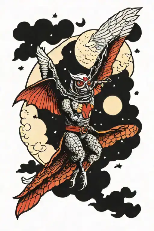 mothman flying over a full moon behind waffle house tattoo design idea