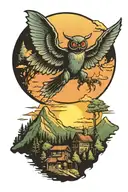 mothman flying by an eclipse over a waffle house nestled between green mountains tattoo design idea