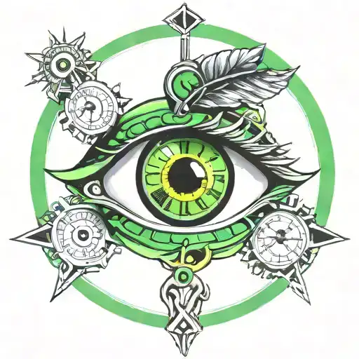 green eye with a clock inside Roman Coloseum tattoo design idea