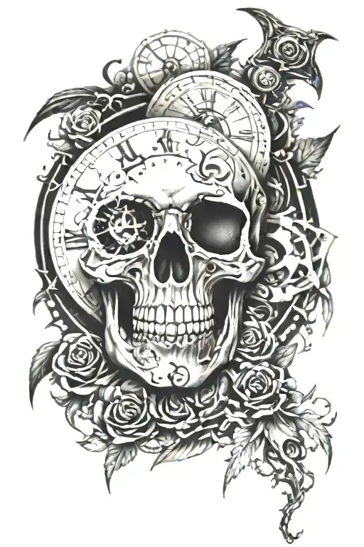 skull and clock hands tattoo design idea