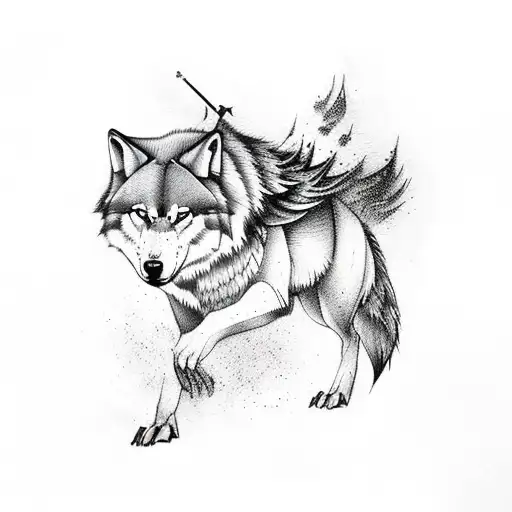 A traditional tattoo of a wolf and crow in a fierce battle, with elements of fire and lightning surrounding them tattoo design idea