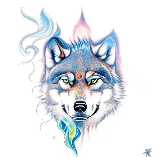 A traditional tattoo of a wolf and crow in a fierce battle, with elements of fire and lightning surrounding them tattoo design idea