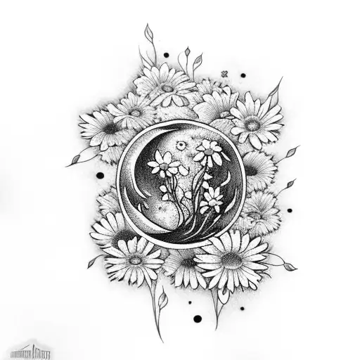 moon with daisies and three hearts tattoo design idea