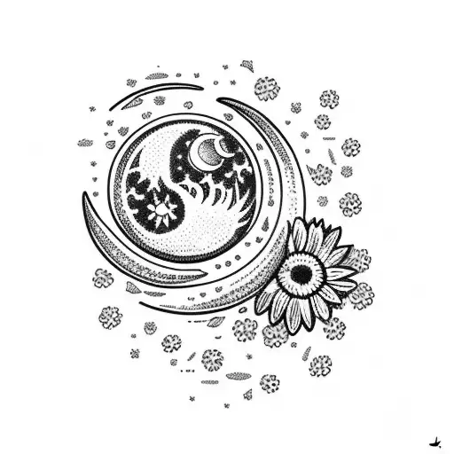 moon with daisies and three hearts tattoo design idea
